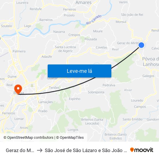 Geraz do Minho to São José de São Lázaro e São João do Souto map