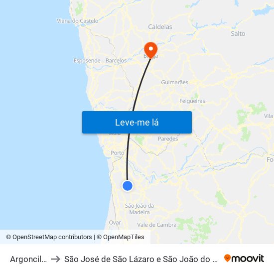 Argoncilhe to São José de São Lázaro e São João do Souto map