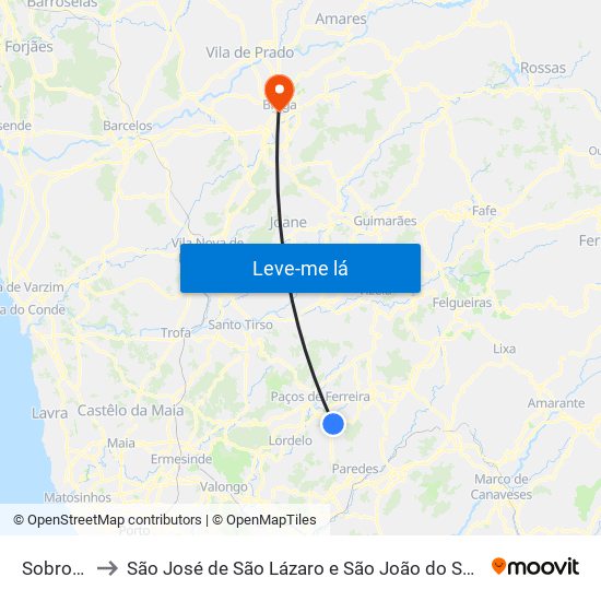 Sobrosa to São José de São Lázaro e São João do Souto map
