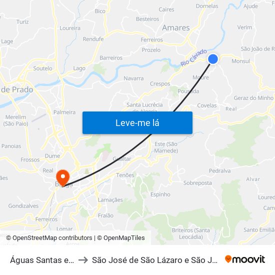 Águas Santas e Moure to São José de São Lázaro e São João do Souto map