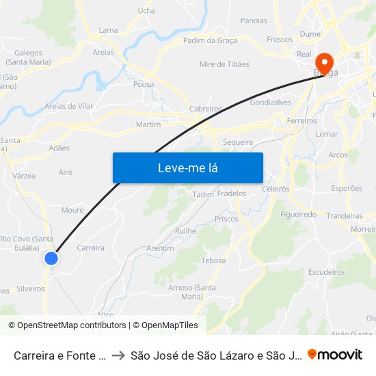 Carreira e Fonte Coberta to São José de São Lázaro e São João do Souto map