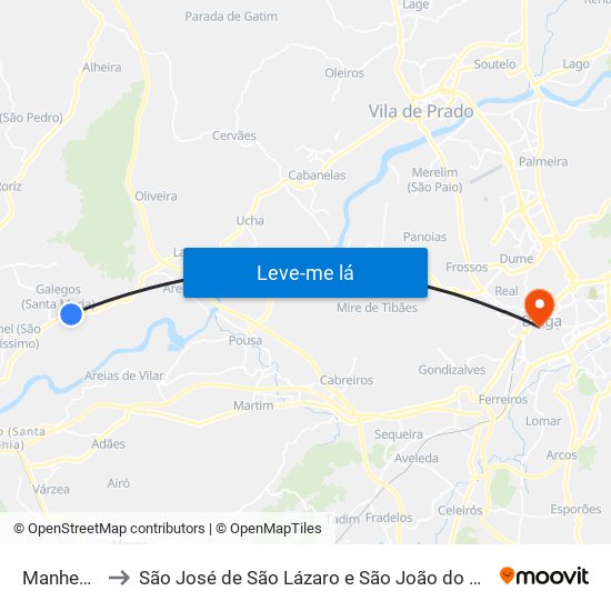 Manhente to São José de São Lázaro e São João do Souto map