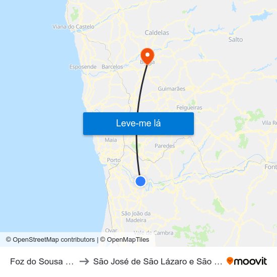 Foz do Sousa e Covelo to São José de São Lázaro e São João do Souto map