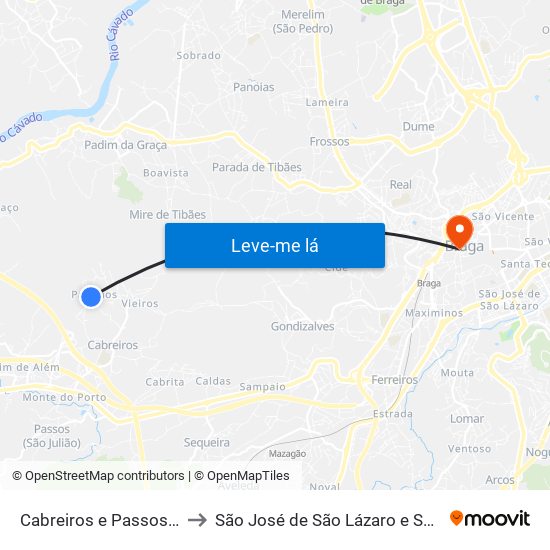 Cabreiros e Passos (São Julião) to São José de São Lázaro e São João do Souto map