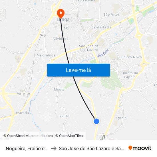 Nogueira, Fraião e Lamaçães to São José de São Lázaro e São João do Souto map