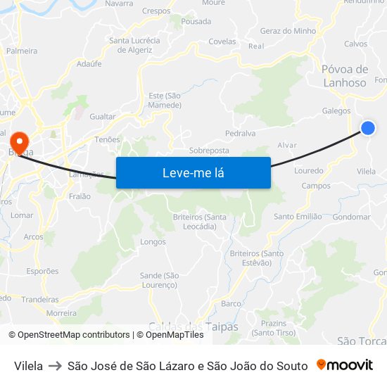 Vilela to São José de São Lázaro e São João do Souto map