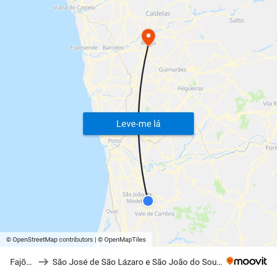 Fajões to São José de São Lázaro e São João do Souto map