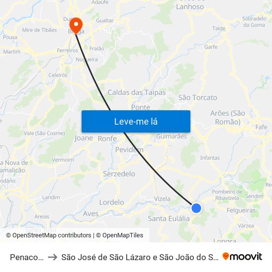 Penacova to São José de São Lázaro e São João do Souto map