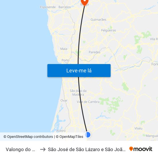 Valongo do Vouga to São José de São Lázaro e São João do Souto map