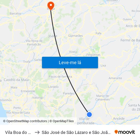 Vila Boa do Bispo to São José de São Lázaro e São João do Souto map