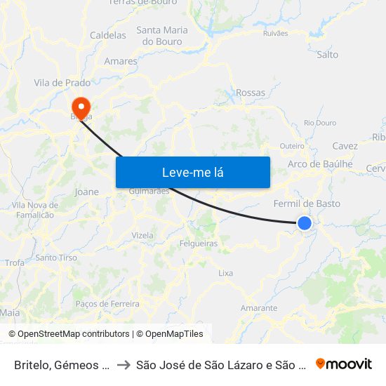 Britelo, Gémeos e Ourilhe to São José de São Lázaro e São João do Souto map