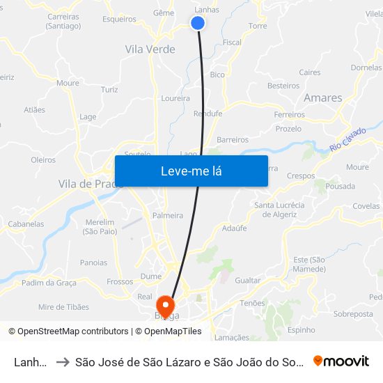 Lanhas to São José de São Lázaro e São João do Souto map