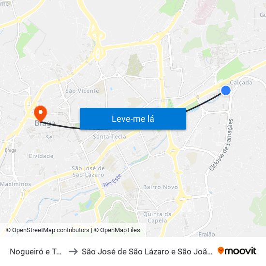 Nogueiró e Tenões to São José de São Lázaro e São João do Souto map