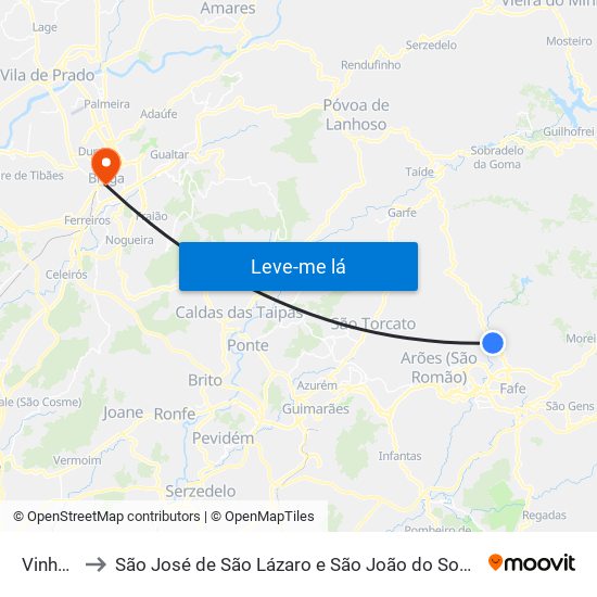 Vinhós to São José de São Lázaro e São João do Souto map