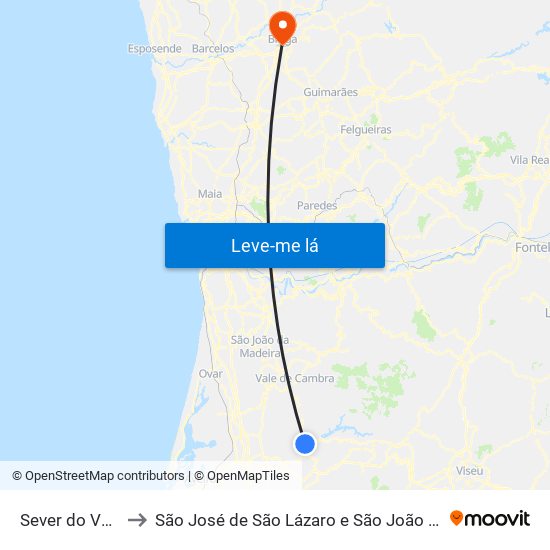 Sever do Vouga to São José de São Lázaro e São João do Souto map