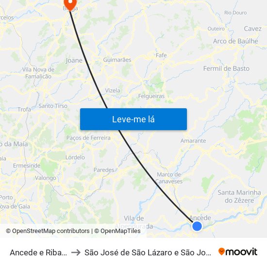 Ancede e Ribadouro to São José de São Lázaro e São João do Souto map