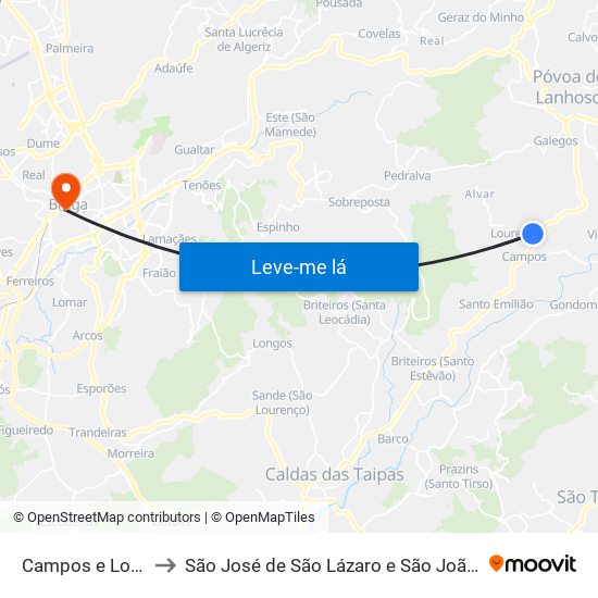 Campos e Louredo to São José de São Lázaro e São João do Souto map