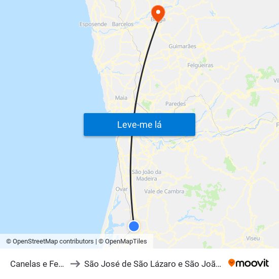 Canelas e Fermelã to São José de São Lázaro e São João do Souto map