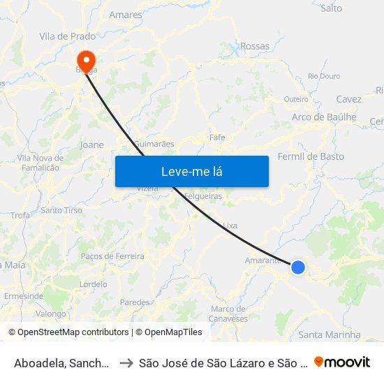 Aboadela, Sanche e Várzea to São José de São Lázaro e São João do Souto map