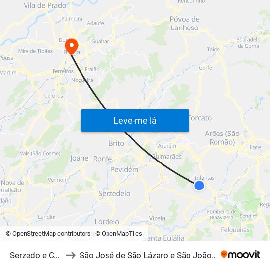 Serzedo e Calvos to São José de São Lázaro e São João do Souto map