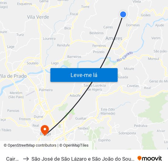 Caires to São José de São Lázaro e São João do Souto map