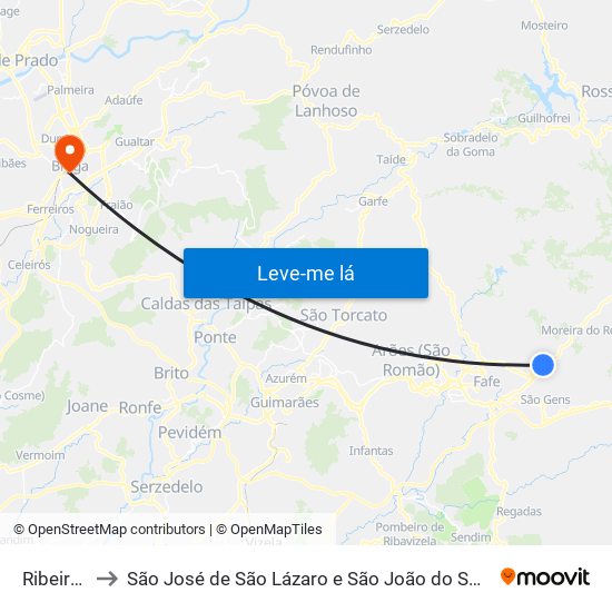 Ribeiros to São José de São Lázaro e São João do Souto map