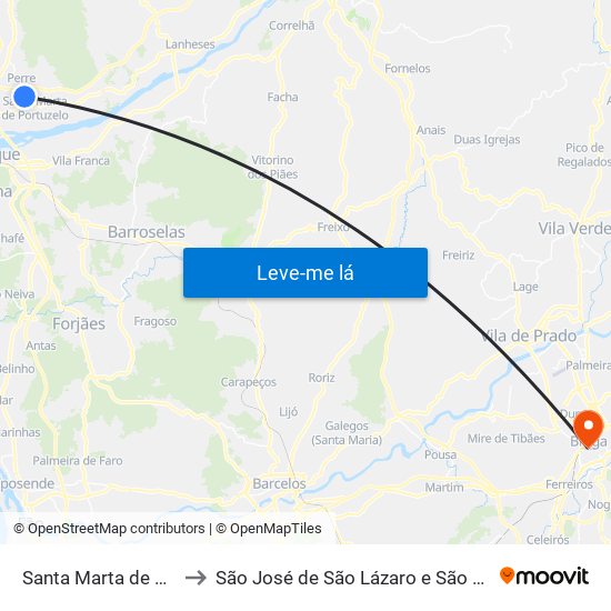 Santa Marta de Portuzelo to São José de São Lázaro e São João do Souto map