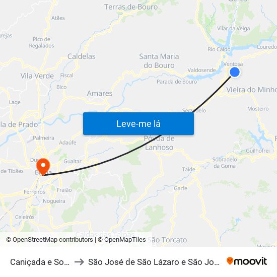Caniçada e Soengas to São José de São Lázaro e São João do Souto map