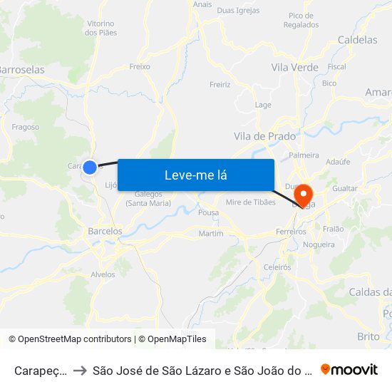 Carapeços to São José de São Lázaro e São João do Souto map