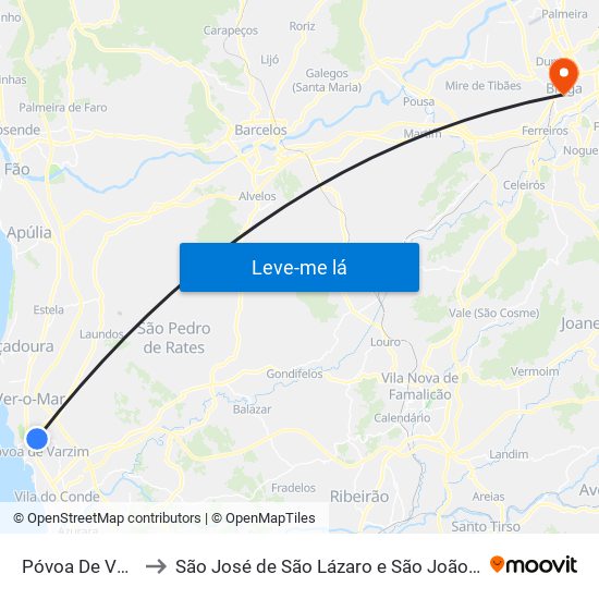 Póvoa De Varzim to São José de São Lázaro e São João do Souto map