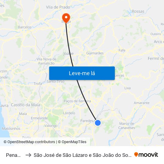 Penafiel to São José de São Lázaro e São João do Souto map