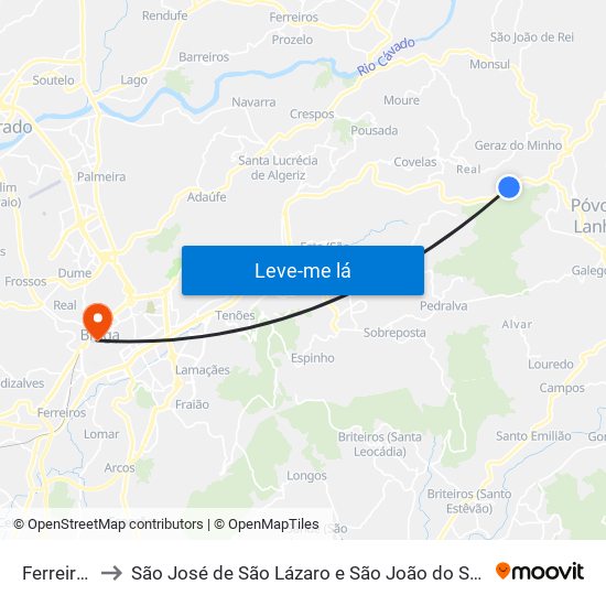 Ferreiros to São José de São Lázaro e São João do Souto map