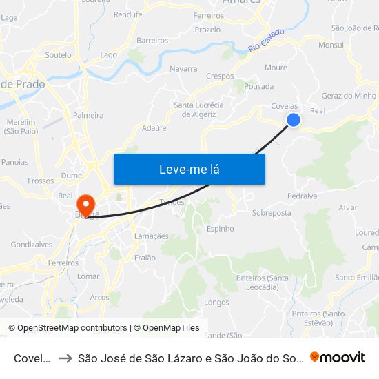 Covelas to São José de São Lázaro e São João do Souto map