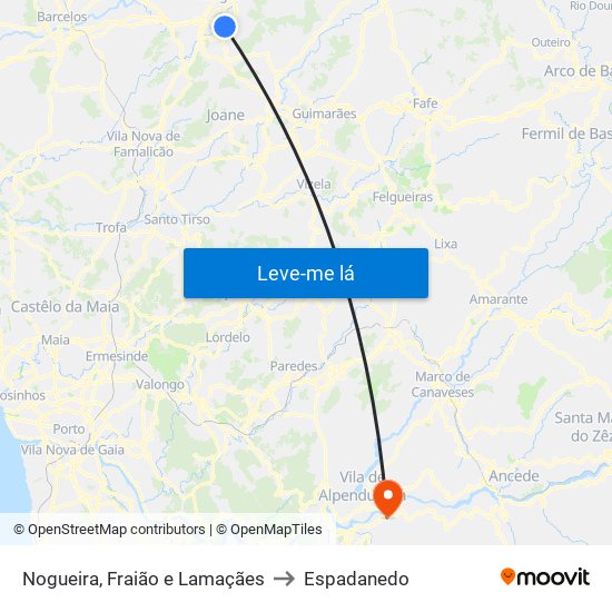 Nogueira, Fraião e Lamaçães to Espadanedo map