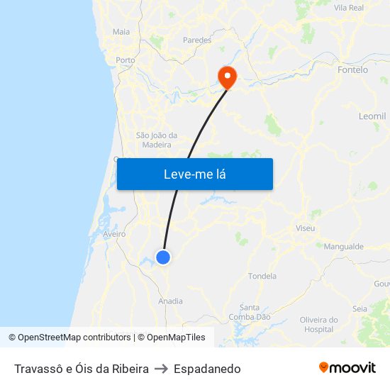 Travassô e Óis da Ribeira to Espadanedo map