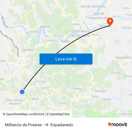 Milheirós de Poiares to Espadanedo map