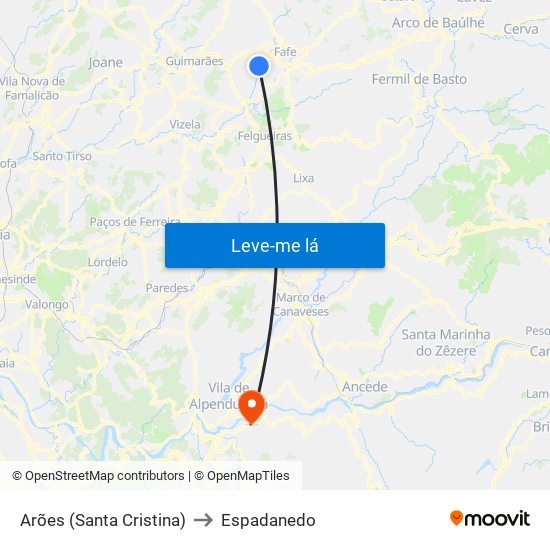 Arões (Santa Cristina) to Espadanedo map