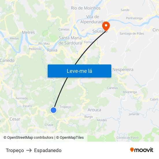 Tropeço to Espadanedo map