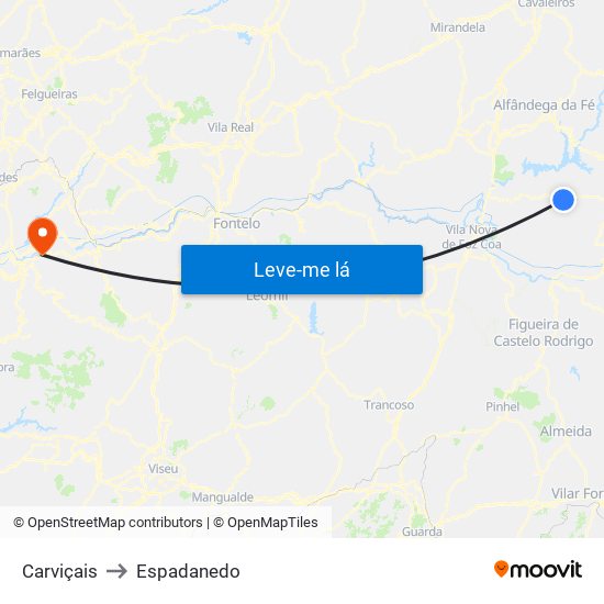 Carviçais to Espadanedo map