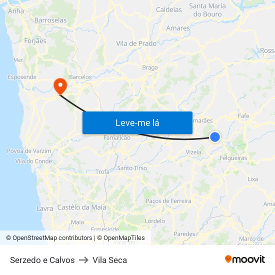 Serzedo e Calvos to Vila Seca map