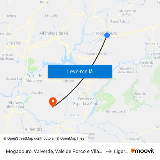 Mogadouro, Valverde, Vale de Porco e Vilar de Rei to Ligares map