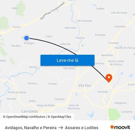 Avidagos, Navalho e Pereira to Assares e Lodões map