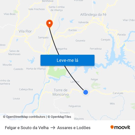 Felgar e Souto da Velha to Assares e Lodões map