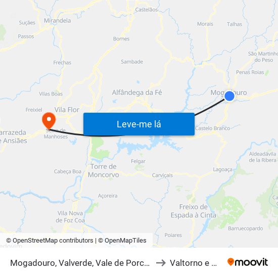 Mogadouro, Valverde, Vale de Porco e Vilar de Rei to Valtorno e Mourão map