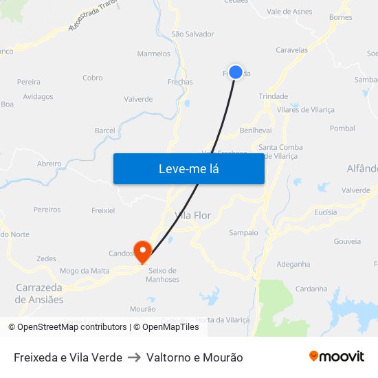 Freixeda e Vila Verde to Valtorno e Mourão map