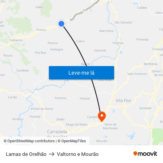 Lamas de Orelhão to Valtorno e Mourão map