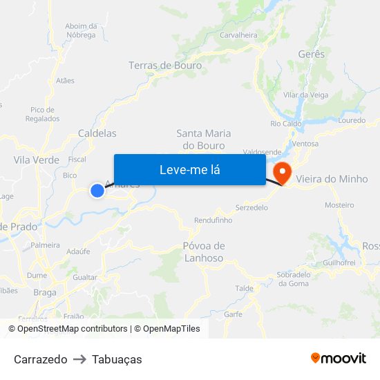 Carrazedo to Tabuaças map