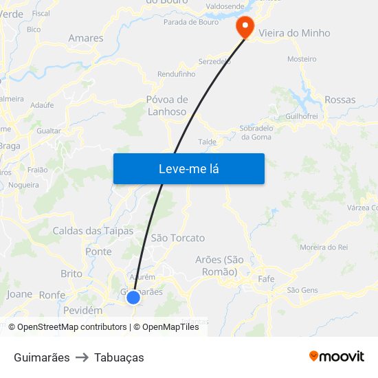 Guimarães to Tabuaças map