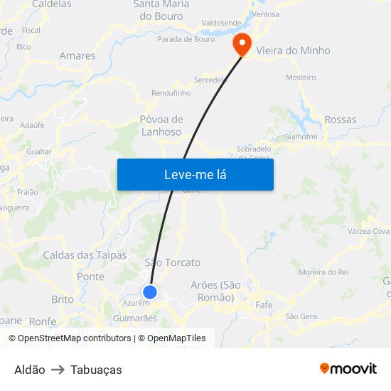 Aldão to Tabuaças map