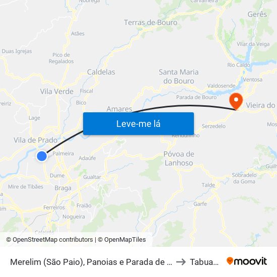 Merelim (São Paio), Panoias e Parada de Tibães to Tabuaças map